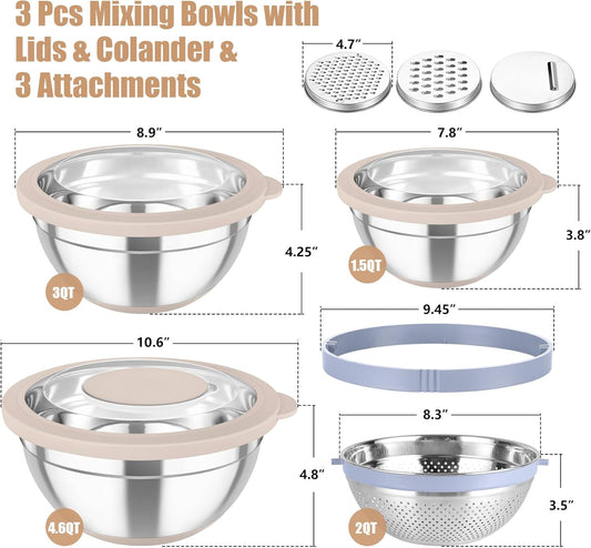 Mixing Bowls with Colander, Stainless Steel Salad Bowls, Khaki | 4.6/ 3/ 1.5 QT Nesting Bowls Rotatable Fruit Strainer, with Lids & 3 Graters, Non-Slip Bottom & Visible Lid, Dishwasher Safe