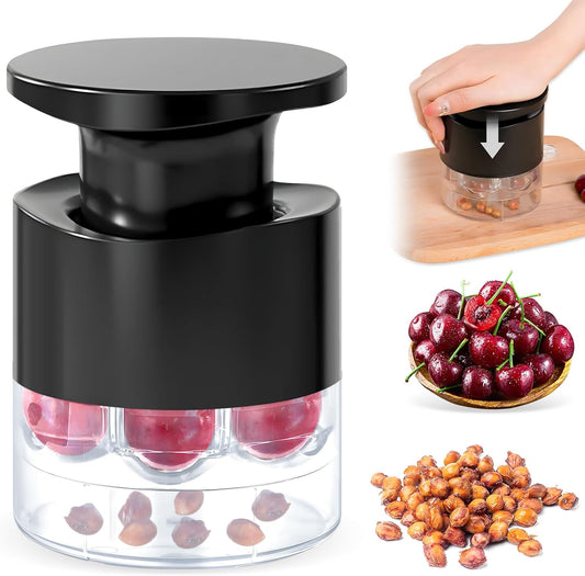 Cherry Pitter Multiple,2025 Quickly Release Multi Cherries Stoner Pitter,7-Hole Push Button Cherr'y Core Pit'ter Tool with Splatter Protector,Pit Seed Remover for Making Cherry Jam, Black