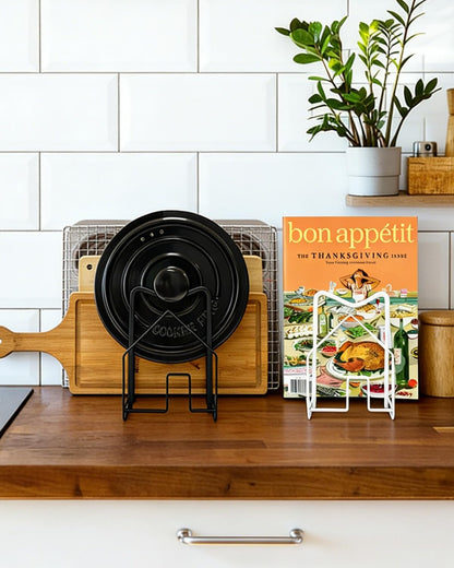 Pot Lid Organizer Cutting Board Holder Inside Cabinet 304 Stainless Steel Pots and Pan Organizer Under Cabinet Pot Cover Cookie Sheet Bakeware Serving Tray Cooling Rack Stand Kitchen Countertop