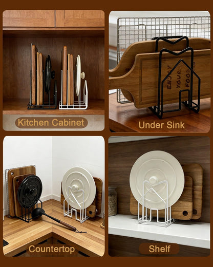 Pot Lid Organizer Cutting Board Holder Inside Cabinet 304 Stainless Steel Pots and Pan Organizer Under Cabinet Pot Cover Cookie Sheet Bakeware Serving Tray Cooling Rack Stand Kitchen Countertop