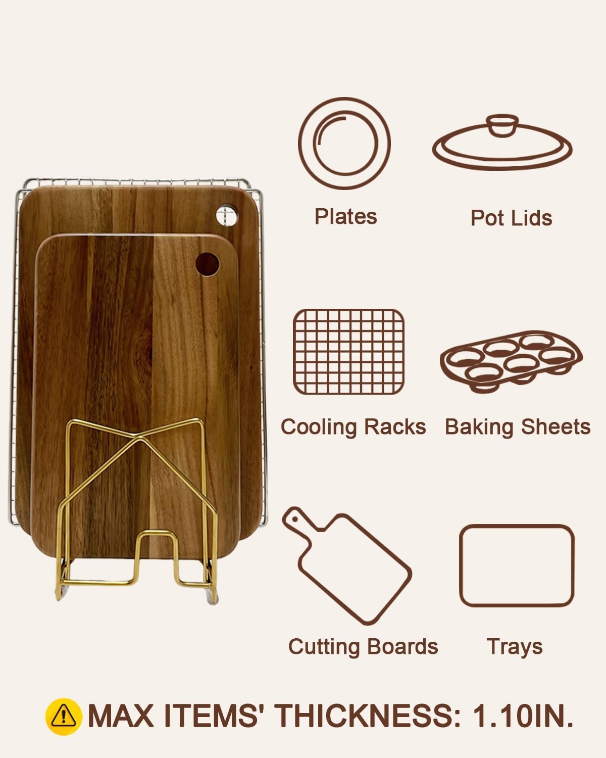 Pot Lid Organizer Cutting Board Holder Inside Cabinet 304 Stainless Steel Pots and Pan Organizer Under Cabinet Pot Cover Cookie Sheet Bakeware Serving Tray Cooling Rack Stand Kitchen Countertop
