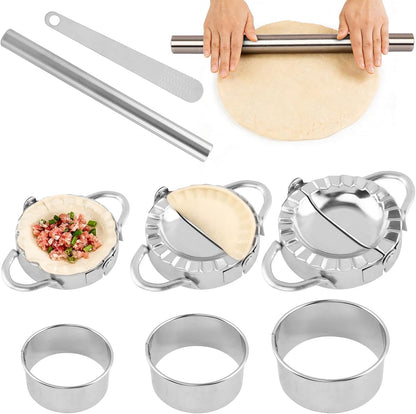 Stainless Steel Dumpling Maker Set, 3 Dumpling Maker Press + 3 Dough Cutter + 1 Stuffing Scoop +1 Rolling Pin, Easy tool for Dumpling-Wrapper Dough Stamp Cutter Pastry Pie Making(COLOR:Silver)