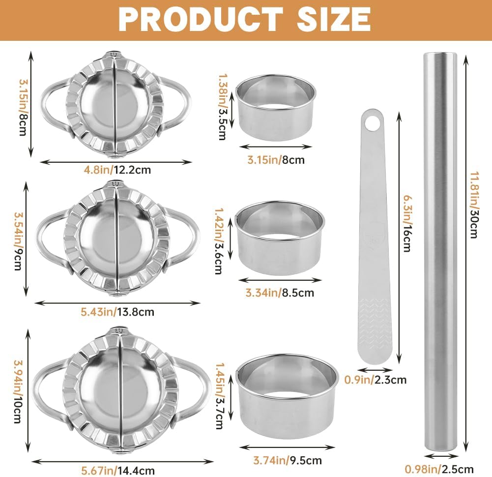 Stainless Steel Dumpling Maker Set, 3 Dumpling Maker Press + 3 Dough Cutter + 1 Stuffing Scoop +1 Rolling Pin, Easy tool for Dumpling-Wrapper Dough Stamp Cutter Pastry Pie Making(COLOR:Silver)