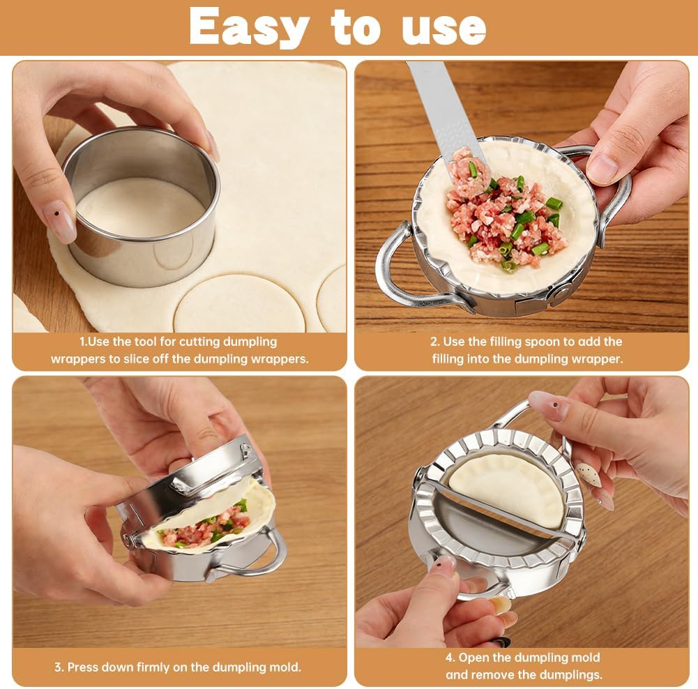 Stainless Steel Dumpling Maker Set, 3 Dumpling Maker Press + 3 Dough Cutter + 1 Stuffing Scoop +1 Rolling Pin, Easy tool for Dumpling-Wrapper Dough Stamp Cutter Pastry Pie Making(COLOR:Silver)