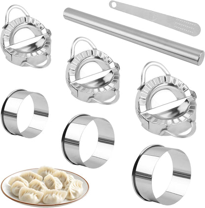 Stainless Steel Dumpling Maker Set, 3 Dumpling Maker Press + 3 Dough Cutter + 1 Stuffing Scoop +1 Rolling Pin, Easy tool for Dumpling-Wrapper Dough Stamp Cutter Pastry Pie Making(COLOR:Silver)