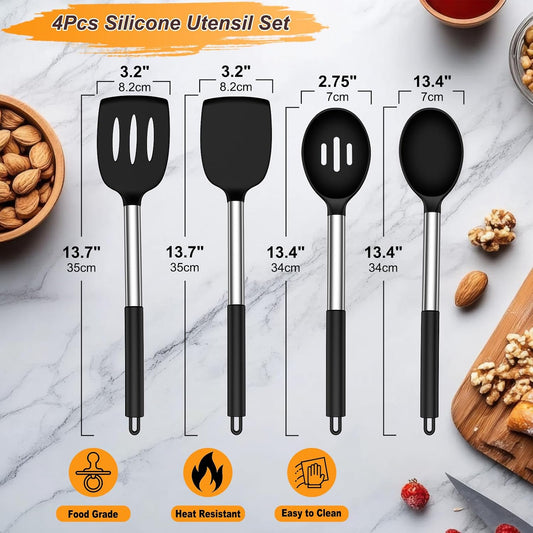 Silicone Cooking Utensils Set, 4Pcs Spatula and Spoon Set, Black | For Non-stick Cookware, Heat Resistant 446°F (232°C), Stainless Steel Handle, Food Grade