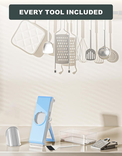 Safe Mandoline Slicer for Kitchen, Vegetable Slicer with Container, French Fry Cutter, All in 1 Julienne Slicer for Potato, Thickness Adjustable, Detachable Blade (Light gray-blue)