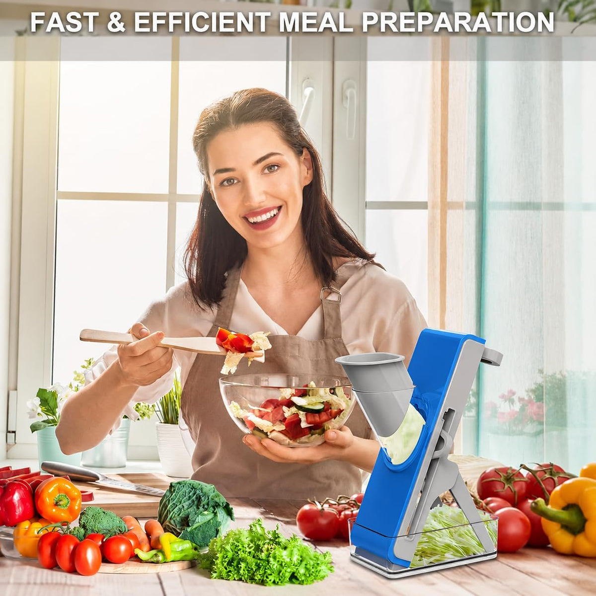 Safe Mandoline Slicer for Kitchen, Vegetable Slicer with Container, French Fry Cutter, All in 1 Julienne Slicer for Potato, Thickness Adjustable, Detachable Blade (Light gray-blue)