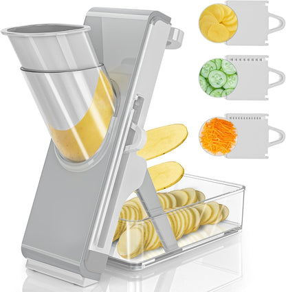 Safe Mandoline Slicer for Kitchen, Vegetable Slicer with Container, French Fry Cutter, All in 1 Julienne Slicer for Potato, Thickness Adjustable, Detachable Blade (Light gray-blue)