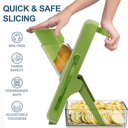 Safe Mandoline Slicer for Kitchen, Vegetable Slicer with Container, French Fry Cutter, All in 1 Julienne Slicer for Potato, Thickness Adjustable, Detachable Blade (Light gray-blue)