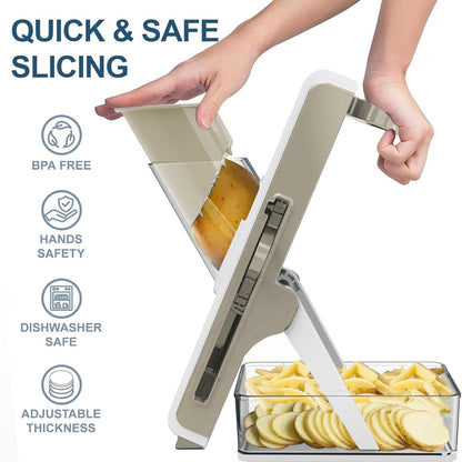 Safe Mandoline Slicer for Kitchen, Vegetable Slicer with Container, French Fry Cutter, All in 1 Julienne Slicer for Potato, Thickness Adjustable, Detachable Blade (Light gray-blue)