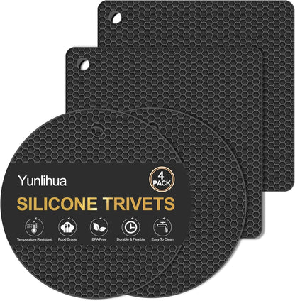 4 PCS Heat Resistant Silicone Trivet Mats for Hot Pots and Pans, Hot Dishes | Hot Pads Pot Holders for Kitchen Countertops Table, Kitchen Essentials, Easy to Wash and Dry, Food Grade & BPA Free, Black