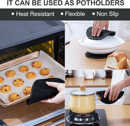 4 PCS Heat Resistant Silicone Trivet Mats for Hot Pots and Pans, Hot Dishes | Hot Pads Pot Holders for Kitchen Countertops Table, Kitchen Essentials, Easy to Wash and Dry, Food Grade & BPA Free, Black