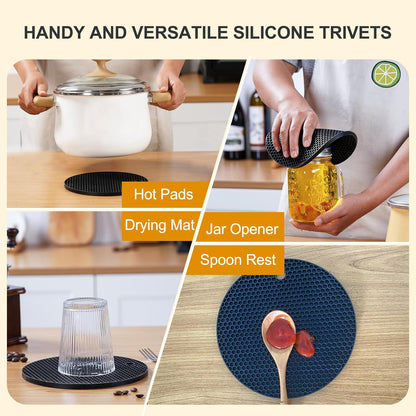 4 PCS Heat Resistant Silicone Trivet Mats for Hot Pots and Pans, Hot Dishes | Hot Pads Pot Holders for Kitchen Countertops Table, Kitchen Essentials, Easy to Wash and Dry, Food Grade & BPA Free, Black