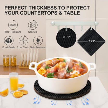 4 PCS Heat Resistant Silicone Trivet Mats for Hot Pots and Pans, Hot Dishes | Hot Pads Pot Holders for Kitchen Countertops Table, Kitchen Essentials, Easy to Wash and Dry, Food Grade & BPA Free, Black
