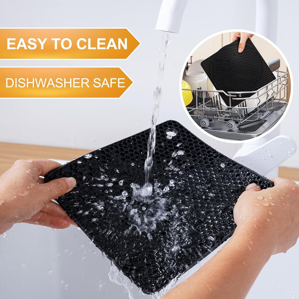 4 PCS Heat Resistant Silicone Trivet Mats for Hot Pots and Pans, Hot Dishes | Hot Pads Pot Holders for Kitchen Countertops Table, Kitchen Essentials, Easy to Wash and Dry, Food Grade & BPA Free, Black