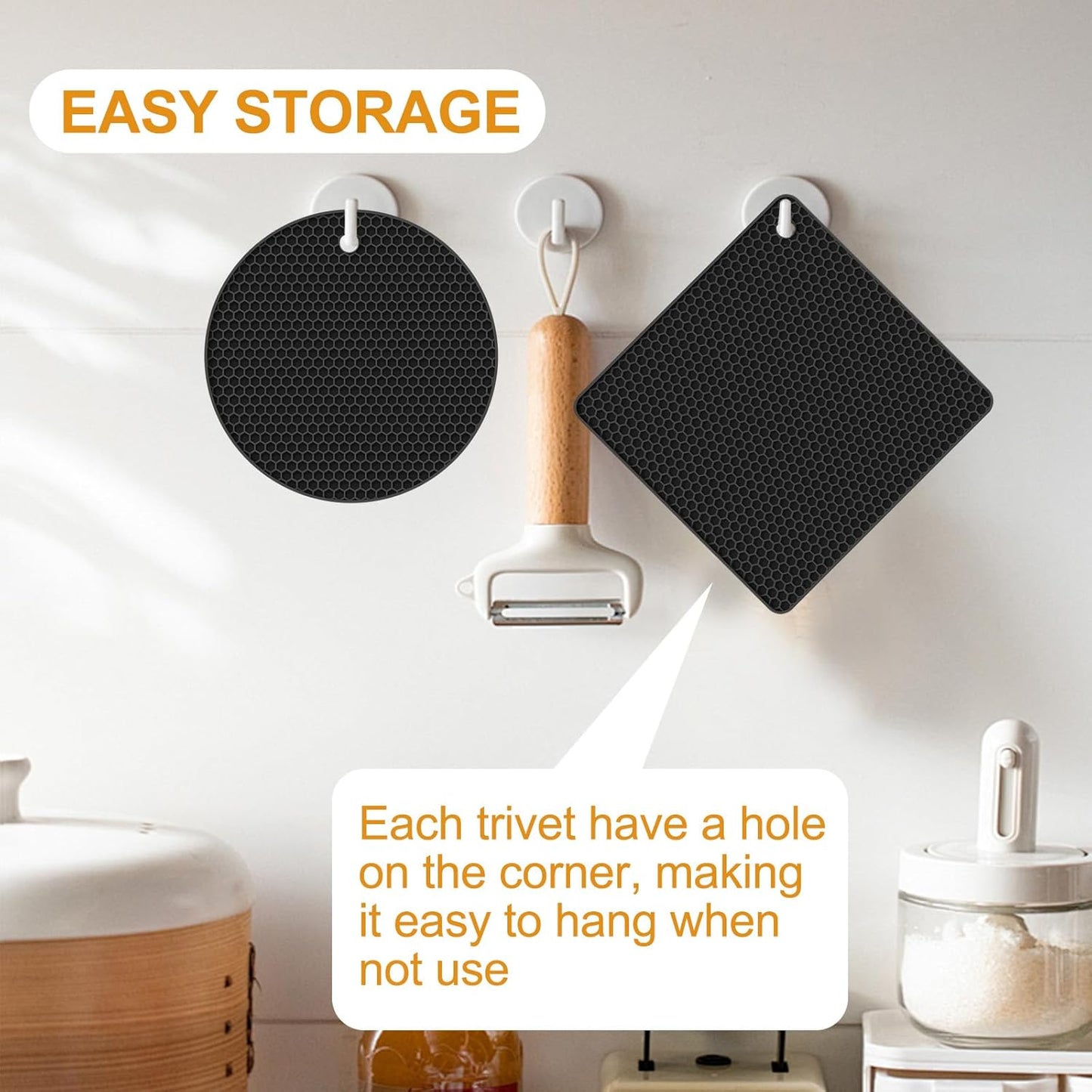 4 PCS Heat Resistant Silicone Trivet Mats for Hot Pots and Pans, Hot Dishes | Hot Pads Pot Holders for Kitchen Countertops Table, Kitchen Essentials, Easy to Wash and Dry, Food Grade & BPA Free, Black