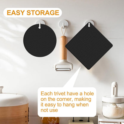 4 PCS Heat Resistant Silicone Trivet Mats for Hot Pots and Pans, Hot Dishes | Hot Pads Pot Holders for Kitchen Countertops Table, Kitchen Essentials, Easy to Wash and Dry, Food Grade & BPA Free, Black