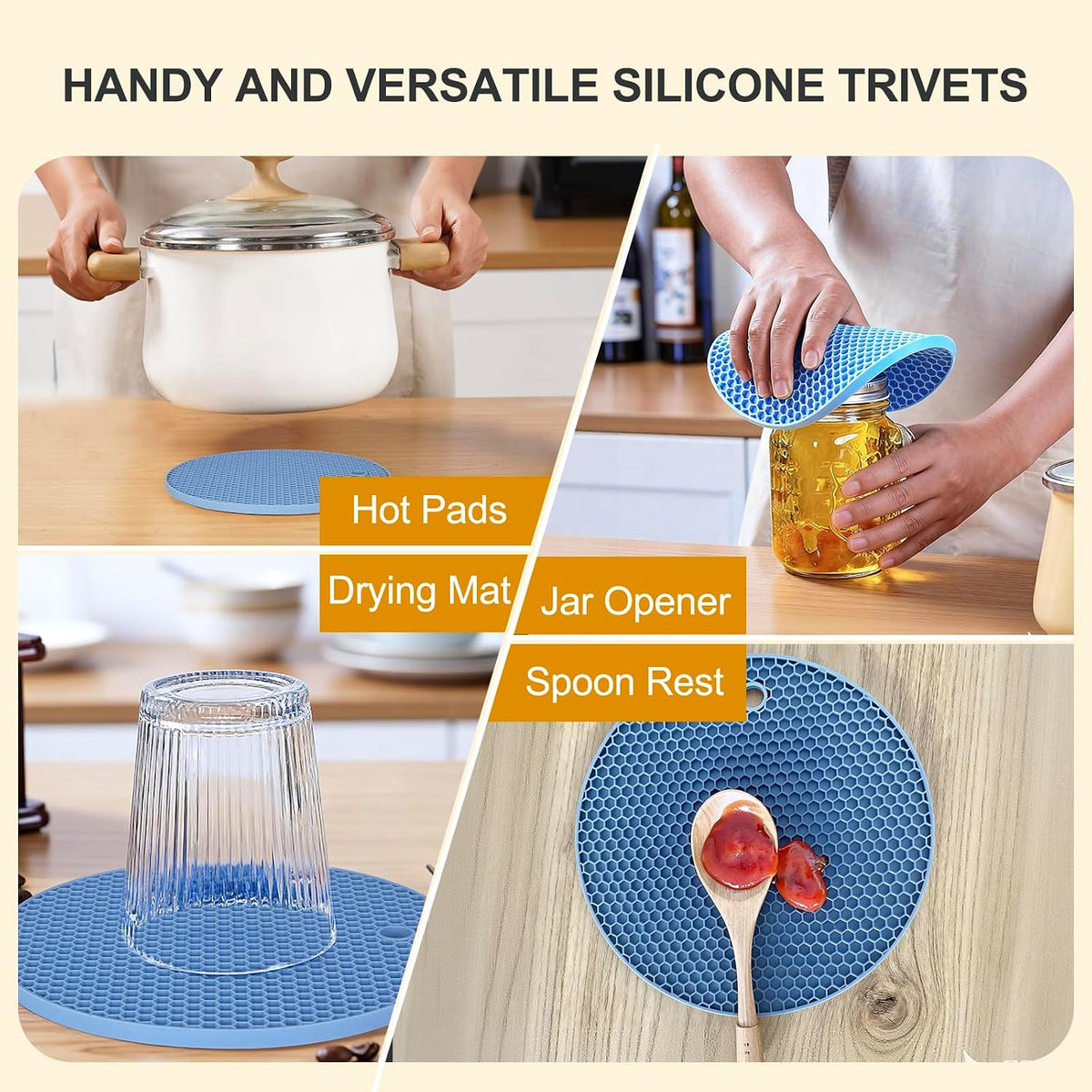 4 PCS Heat Resistant Silicone Trivet Mats for Hot Pots and Pans, Hot Dishes | Hot Pads Pot Holders for Kitchen Countertops Table, Kitchen Essentials, Easy to Wash and Dry, Food Grade & BPA Free, Black