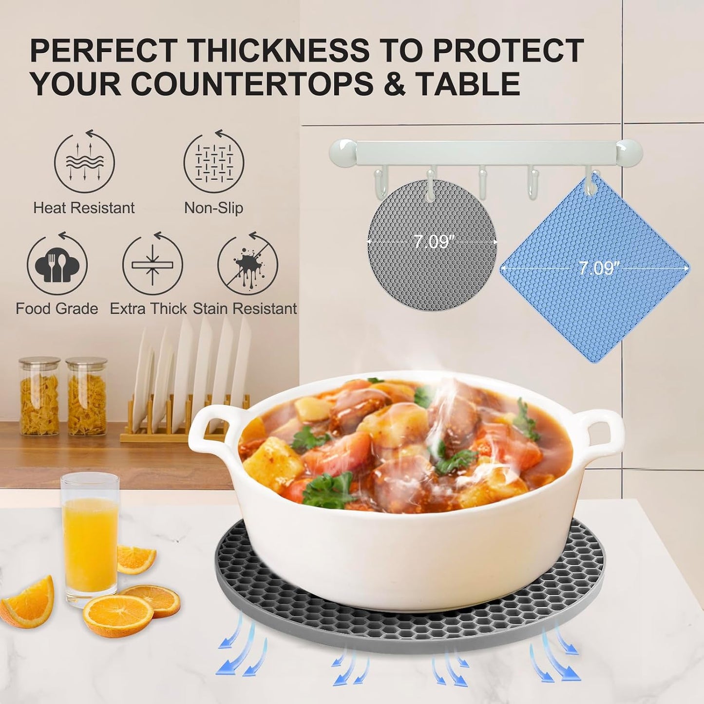 4 PCS Heat Resistant Silicone Trivet Mats for Hot Pots and Pans, Hot Dishes | Hot Pads Pot Holders for Kitchen Countertops Table, Kitchen Essentials, Easy to Wash and Dry, Food Grade & BPA Free, Black