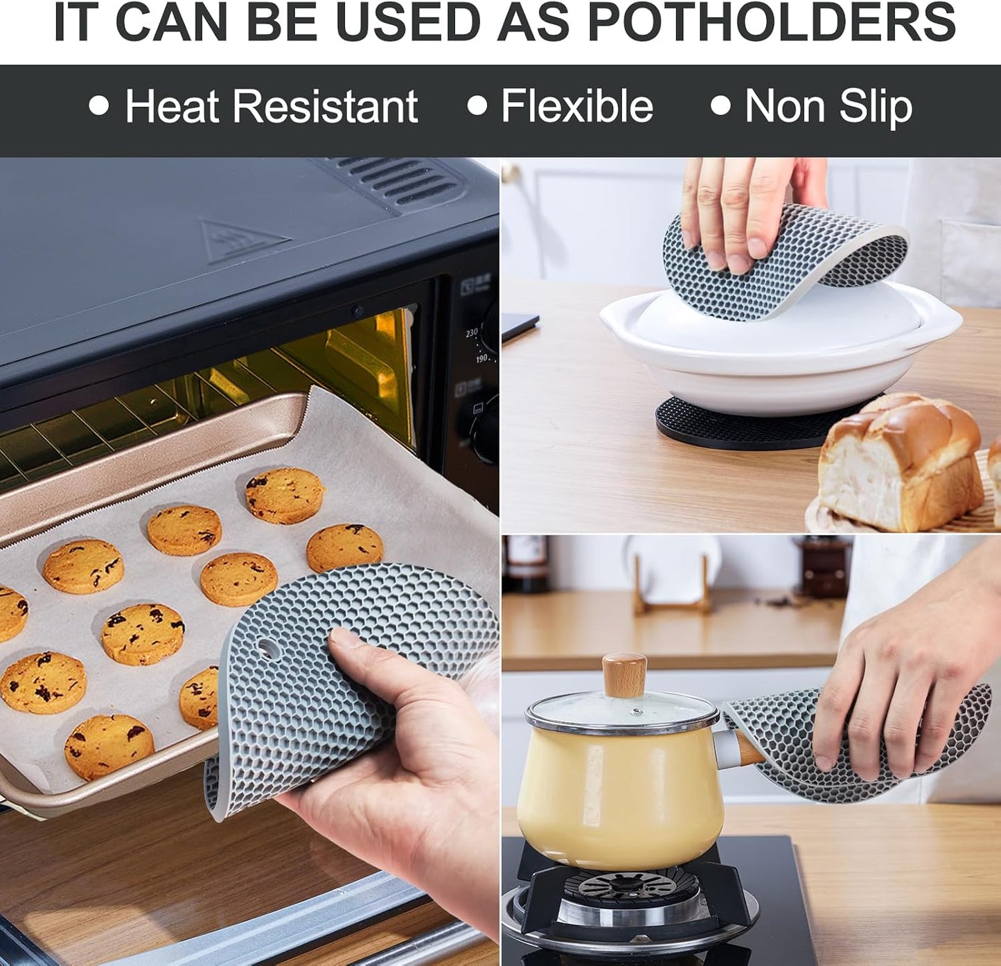4 PCS Heat Resistant Silicone Trivet Mats for Hot Pots and Pans, Hot Dishes | Hot Pads Pot Holders for Kitchen Countertops Table, Kitchen Essentials, Easy to Wash and Dry, Food Grade & BPA Free, Black