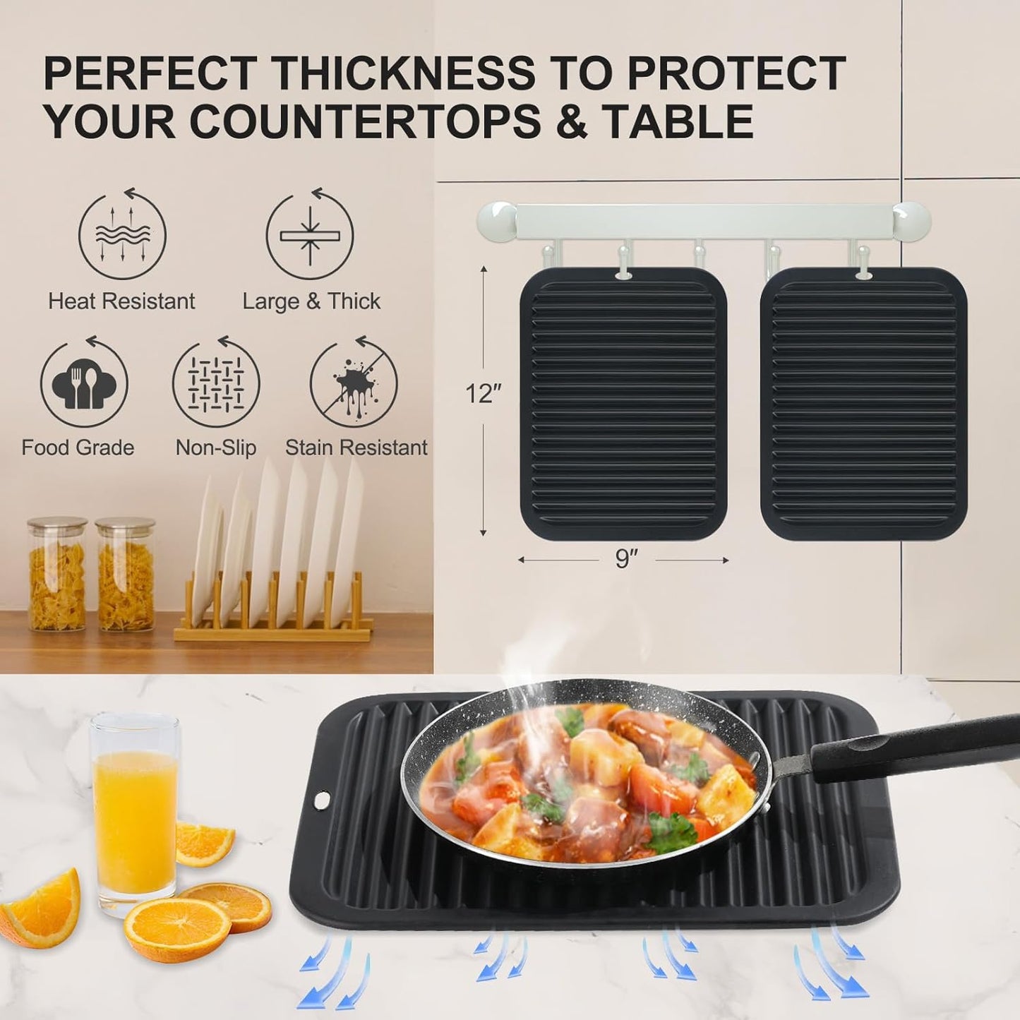 4 PCS Heat Resistant Silicone Trivet Mats for Hot Pots and Pans, Hot Dishes | Hot Pads Pot Holders for Kitchen Countertops Table, Kitchen Essentials, Easy to Wash and Dry, Food Grade & BPA Free, Black