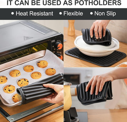 4 PCS Heat Resistant Silicone Trivet Mats for Hot Pots and Pans, Hot Dishes | Hot Pads Pot Holders for Kitchen Countertops Table, Kitchen Essentials, Easy to Wash and Dry, Food Grade & BPA Free, Black