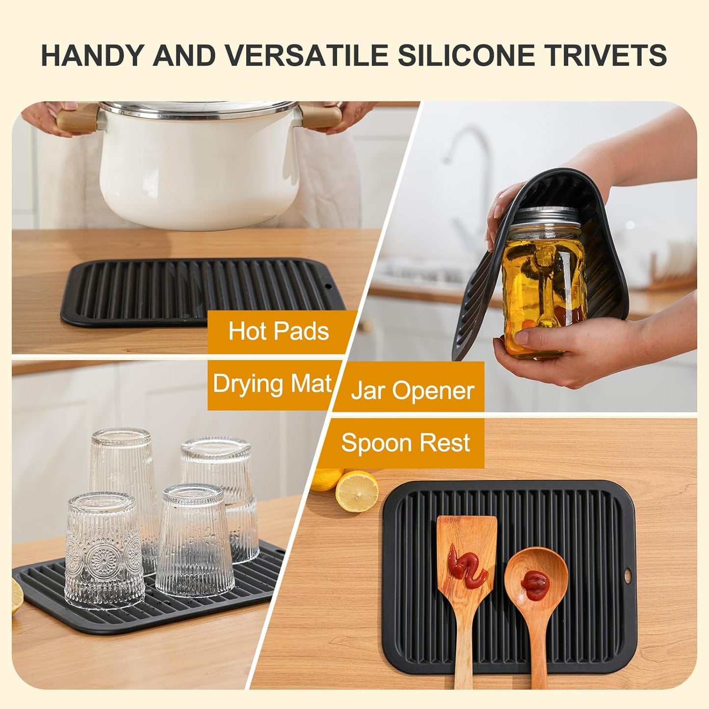 4 PCS Heat Resistant Silicone Trivet Mats for Hot Pots and Pans, Hot Dishes | Hot Pads Pot Holders for Kitchen Countertops Table, Kitchen Essentials, Easy to Wash and Dry, Food Grade & BPA Free, Black
