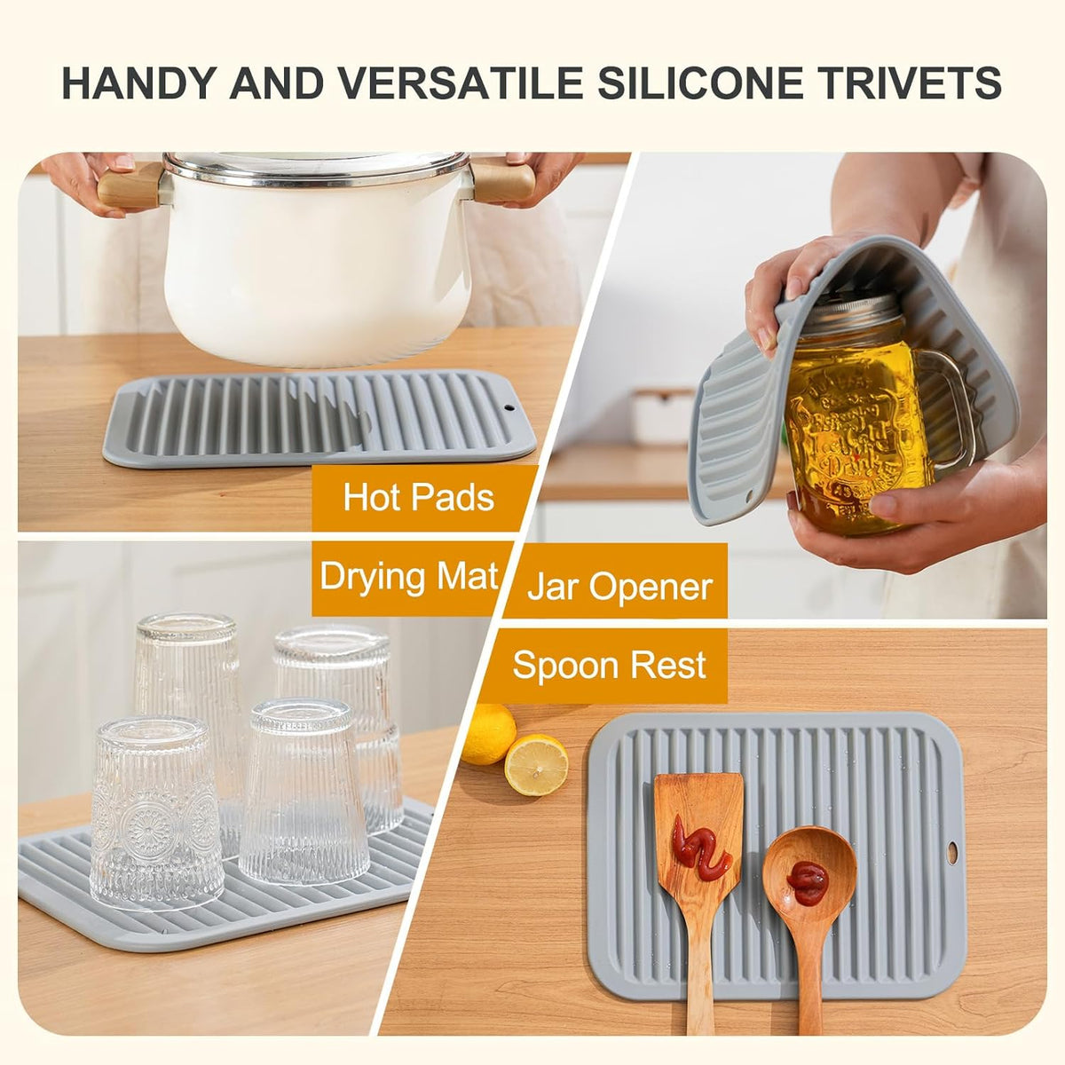 4 PCS Heat Resistant Silicone Trivet Mats for Hot Pots and Pans, Hot Dishes | Hot Pads Pot Holders for Kitchen Countertops Table, Kitchen Essentials, Easy to Wash and Dry, Food Grade & BPA Free, Black