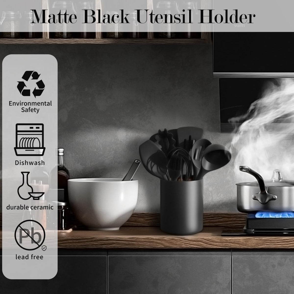 Black Kitchen Utensil Holder for Countertop Easy to Clean, Stable Matte Ceramic Cooking Utensil Crock for kitchen Counter, Spatula Holder for Farmhouse Décor 4.6×6.5 INCH