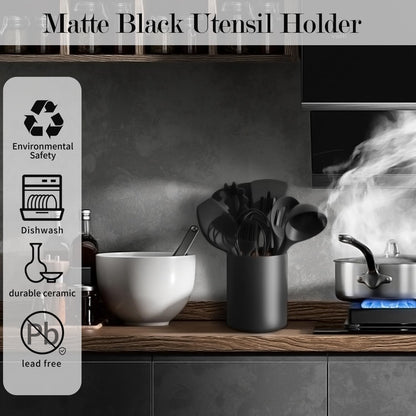 Black Kitchen Utensil Holder for Countertop Easy to Clean, Stable Matte Ceramic Cooking Utensil Crock for kitchen Counter, Spatula Holder for Farmhouse Décor 4.6×6.5 INCH