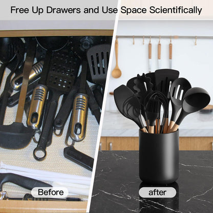 Black Kitchen Utensil Holder for Countertop Easy to Clean, Stable Matte Ceramic Cooking Utensil Crock for kitchen Counter, Spatula Holder for Farmhouse Décor 4.6×6.5 INCH