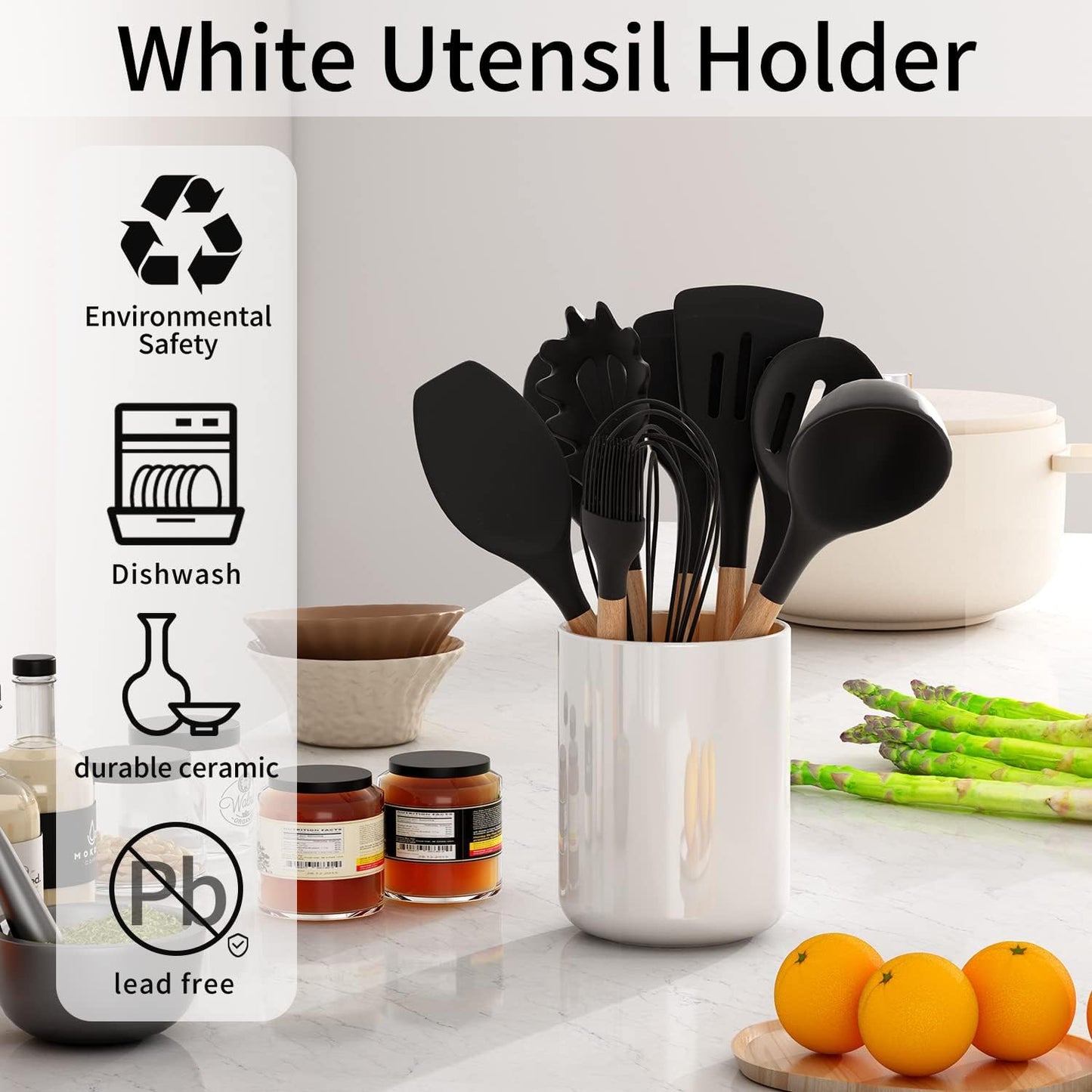 Black Kitchen Utensil Holder for Countertop Easy to Clean, Stable Matte Ceramic Cooking Utensil Crock for kitchen Counter, Spatula Holder for Farmhouse Décor 4.6×6.5 INCH