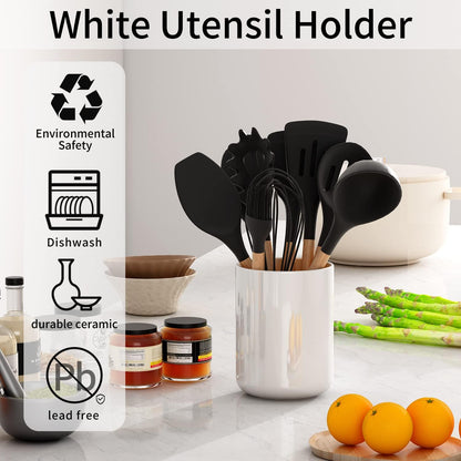 Black Kitchen Utensil Holder for Countertop Easy to Clean, Stable Matte Ceramic Cooking Utensil Crock for kitchen Counter, Spatula Holder for Farmhouse Décor 4.6×6.5 INCH