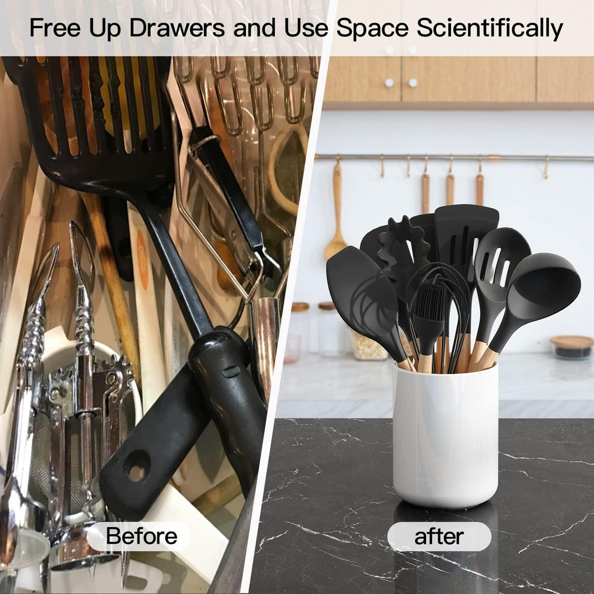 Black Kitchen Utensil Holder for Countertop Easy to Clean, Stable Matte Ceramic Cooking Utensil Crock for kitchen Counter, Spatula Holder for Farmhouse Décor 4.6×6.5 INCH