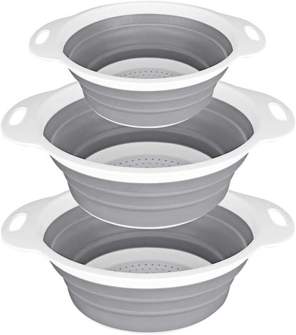 Collapsible Colander and Strainer Set of 3-2 PC 4 Quart(1 gal) and 1 PC 2 Quart(0.5 gal) - BPA Free & Dishwasher-safe Silicone Kitchen Foldable Strainer for Pasta, Veggies