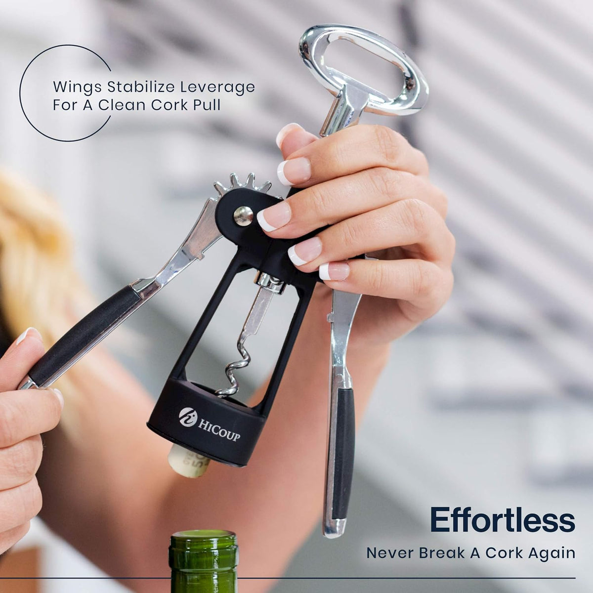 HiCoup Corkscrew Wine Opener - Ergonomic, Double Winged Beer and Wine Bottle Openers - Easy to Use, Stainless-Steel Corkscrews with Stopper & Gift Box - Kitchen Accessories - Matte Black