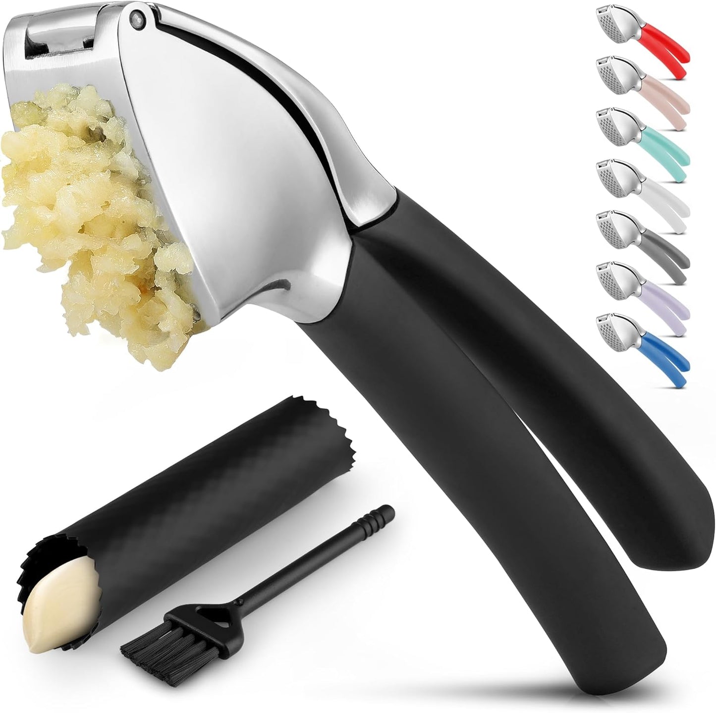 Comfort Grip Garlic Press - Garlic Mincer Tool - Garlic Crusher - Garlic Press Mincer Rust Proof, with Soft Ergonomic Handle, Easy Clean Set with Peeler and Brush