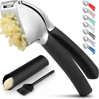 Comfort Grip Garlic Press - Garlic Mincer Tool - Garlic Crusher - Garlic Press Mincer Rust Proof, with Soft Ergonomic Handle, Easy Clean Set with Peeler and Brush