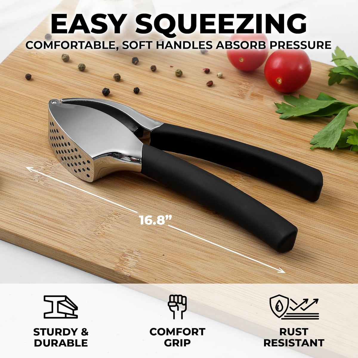 Comfort Grip Garlic Press - Garlic Mincer Tool - Garlic Crusher - Garlic Press Mincer Rust Proof, with Soft Ergonomic Handle, Easy Clean Set with Peeler and Brush