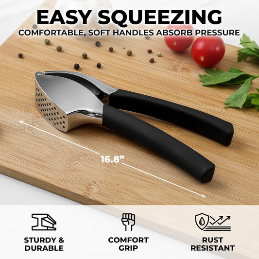 Comfort Grip Garlic Press - Garlic Mincer Tool - Garlic Crusher - Garlic Press Mincer Rust Proof, with Soft Ergonomic Handle, Easy Clean Set with Peeler and Brush