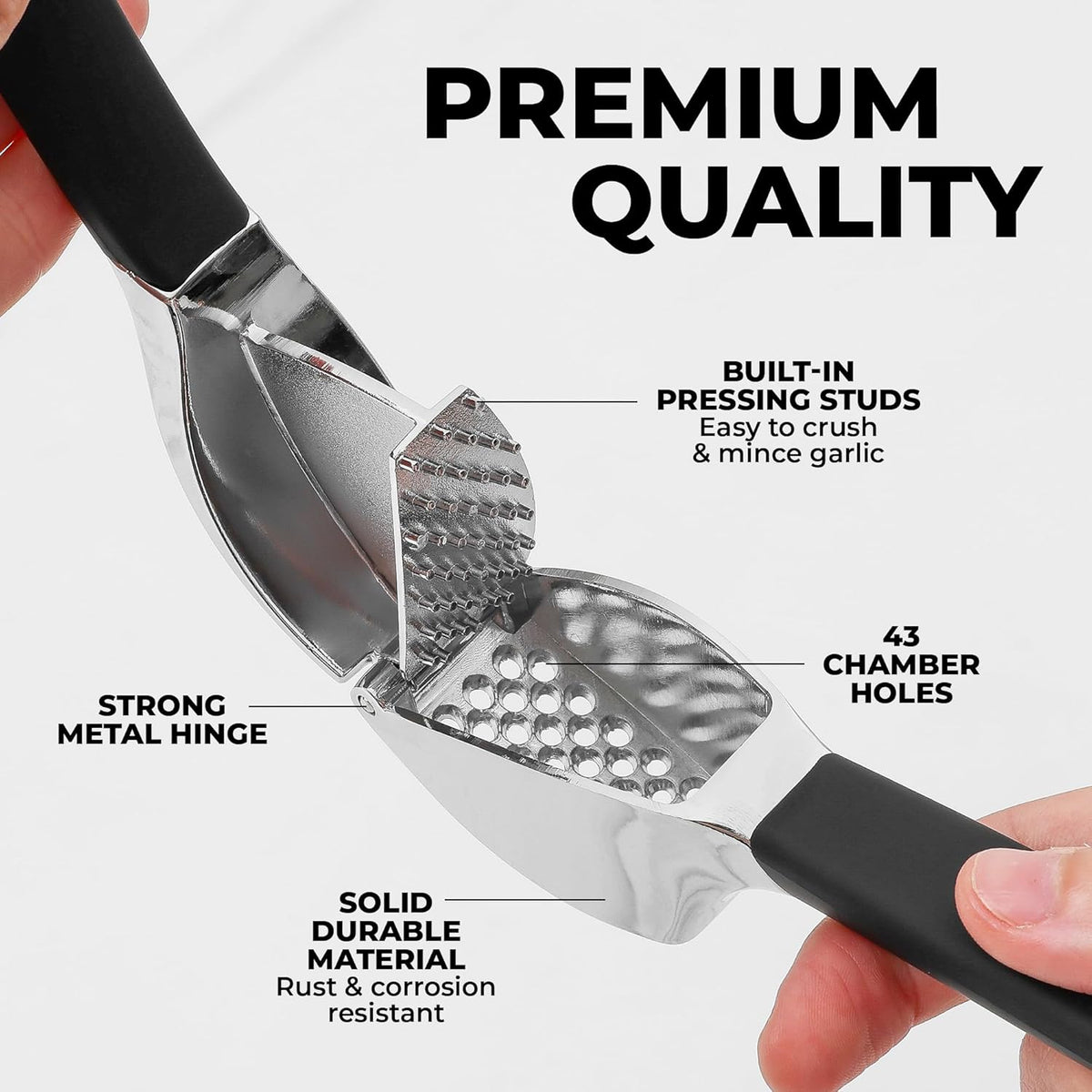 Comfort Grip Garlic Press - Garlic Mincer Tool - Garlic Crusher - Garlic Press Mincer Rust Proof, with Soft Ergonomic Handle, Easy Clean Set with Peeler and Brush