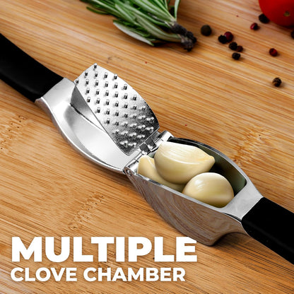 Comfort Grip Garlic Press - Garlic Mincer Tool - Garlic Crusher - Garlic Press Mincer Rust Proof, with Soft Ergonomic Handle, Easy Clean Set with Peeler and Brush