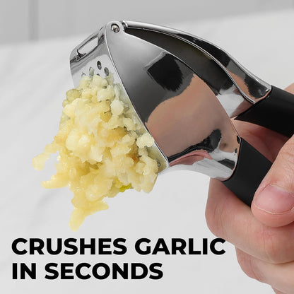 Comfort Grip Garlic Press - Garlic Mincer Tool - Garlic Crusher - Garlic Press Mincer Rust Proof, with Soft Ergonomic Handle, Easy Clean Set with Peeler and Brush