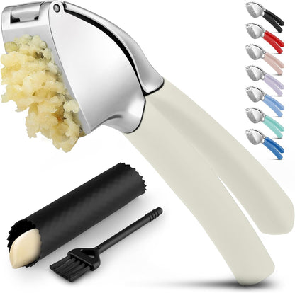 Comfort Grip Garlic Press - Garlic Mincer Tool - Garlic Crusher - Garlic Press Mincer Rust Proof, with Soft Ergonomic Handle, Easy Clean Set with Peeler and Brush
