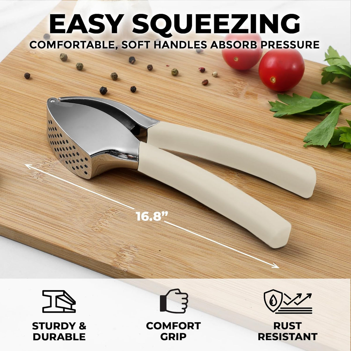 Comfort Grip Garlic Press - Garlic Mincer Tool - Garlic Crusher - Garlic Press Mincer Rust Proof, with Soft Ergonomic Handle, Easy Clean Set with Peeler and Brush