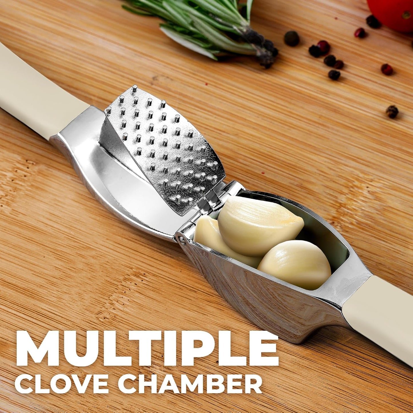 Comfort Grip Garlic Press - Garlic Mincer Tool - Garlic Crusher - Garlic Press Mincer Rust Proof, with Soft Ergonomic Handle, Easy Clean Set with Peeler and Brush