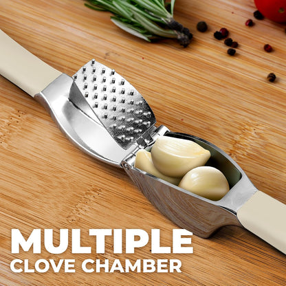 Comfort Grip Garlic Press - Garlic Mincer Tool - Garlic Crusher - Garlic Press Mincer Rust Proof, with Soft Ergonomic Handle, Easy Clean Set with Peeler and Brush
