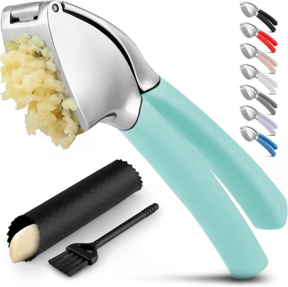 Comfort Grip Garlic Press - Garlic Mincer Tool - Garlic Crusher - Garlic Press Mincer Rust Proof, with Soft Ergonomic Handle, Easy Clean Set with Peeler and Brush