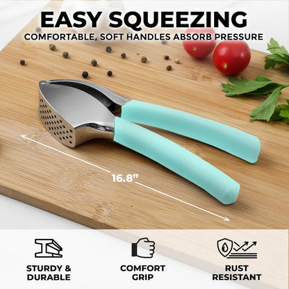 Comfort Grip Garlic Press - Garlic Mincer Tool - Garlic Crusher - Garlic Press Mincer Rust Proof, with Soft Ergonomic Handle, Easy Clean Set with Peeler and Brush